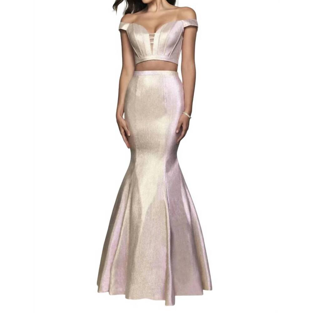 NEW BLUSH PROM two tone woven shimmer two piece gown in pink shimmer